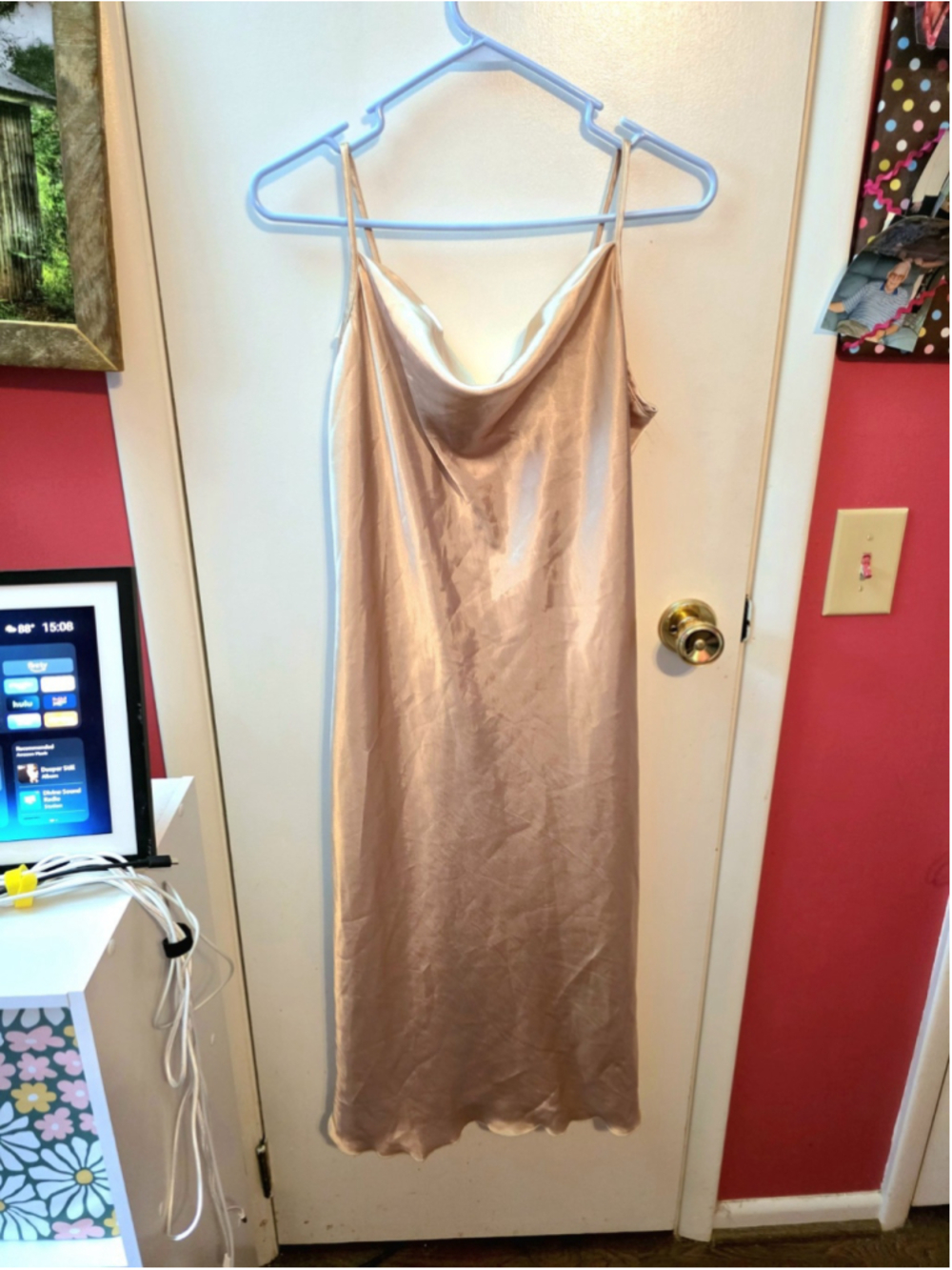 Bebe Slip Dress Women’s Large Gold Satin Cowl Neck Midi Sleeveless